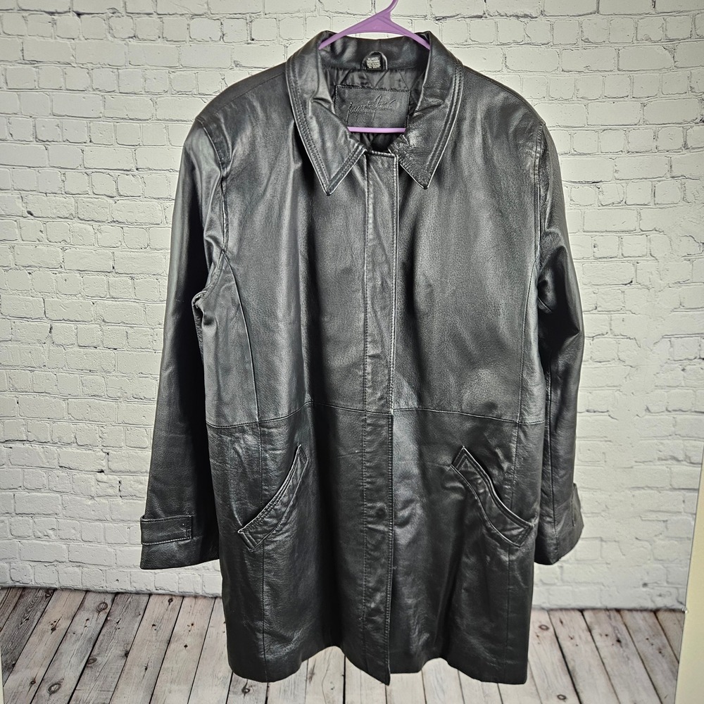 Jacqueline Ferrar Womens Black Leather Car Coat Jacket XL Quilted Lined Nappa